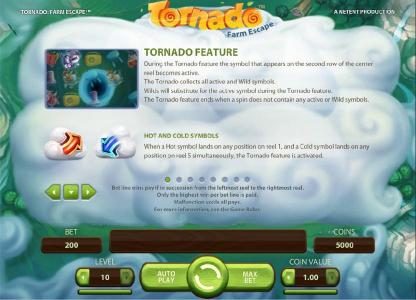 Tornado Feature - During the Tornado feature the symbol that appears on the second row of the center reel becomes active. The Tornado collects all active and Wild symbols. The Tornado feature ends when a spin does not contain any active or Wild symbols.