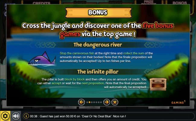 Bonus Games include: The Dangerous River and The Infinite Pillar.