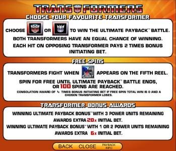 choose your favorite transformer, free spins and bonus awards