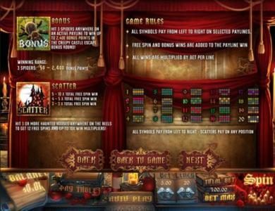bonus, scatter, game rules and payline diagrams