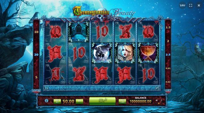 A vampire themed main game board featuring five reels and 20 paylines.