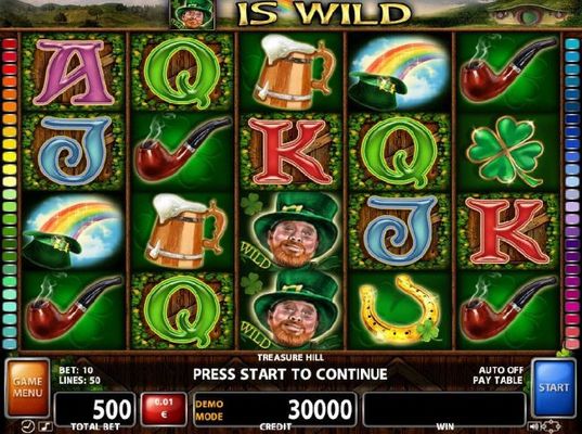 A leprechaun themed main game board featuring five reels and 50 paylines with a $10,000 max payout