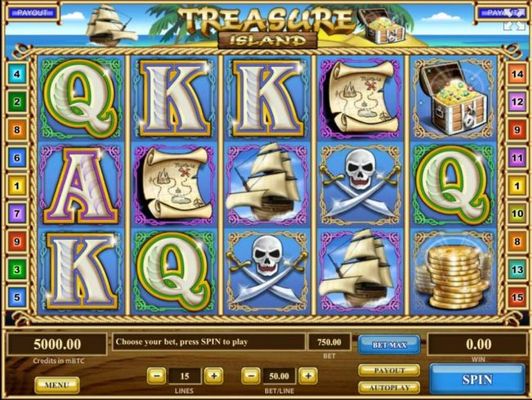 A pirate themed main game board featuring five reels and 15 paylines with a $750,000 max payout