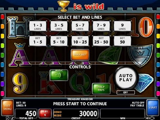 Select Bet and Lines - 1 to 9 Lines and 1 to 50 coins per line.