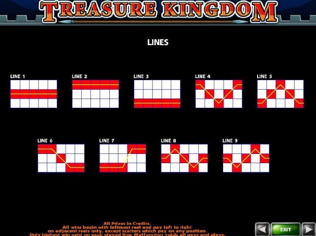 Payline Diagrams 1-9. All wins begin with the leftmost reel and pay left to right on adjacent reels only, except scatters which pay on any position.