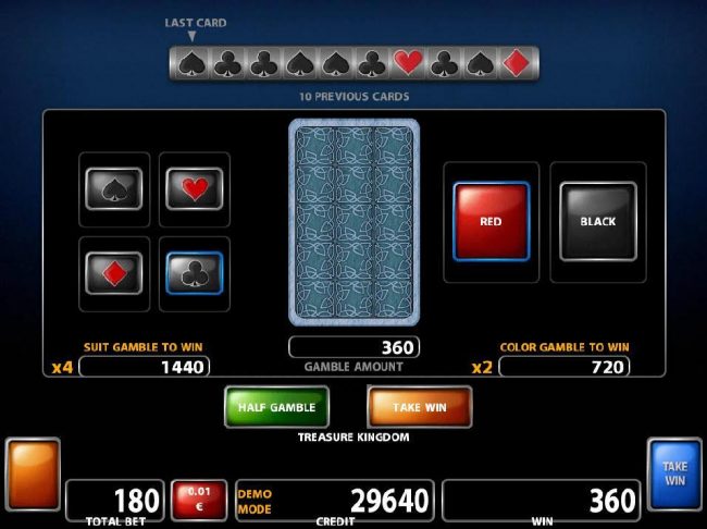 Double Up gamble feature is available after every winning spin. Select the correct color or suit for a chance to double your winnings.