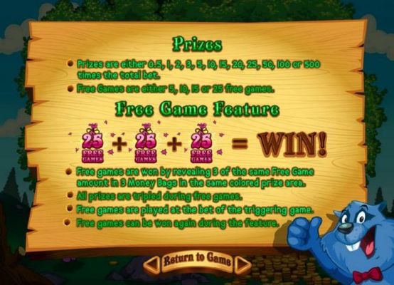 Prize awrad amounts. Free Games are either 5, 10, 15 or 25 free games. Free games are won by revealing 3 of the same free game amount in 3 money bags in the same colored prize area.