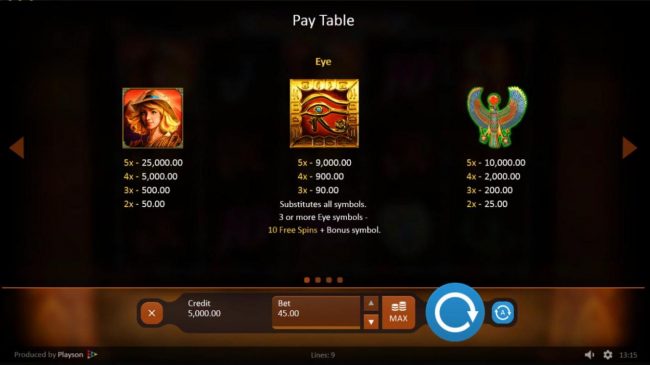 High value slot game symbols paytable.