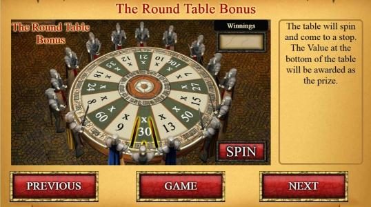 The Round Table Bonus - The table will spin and come to a stop. The value at the bottom of the table will be awarded as the prize.