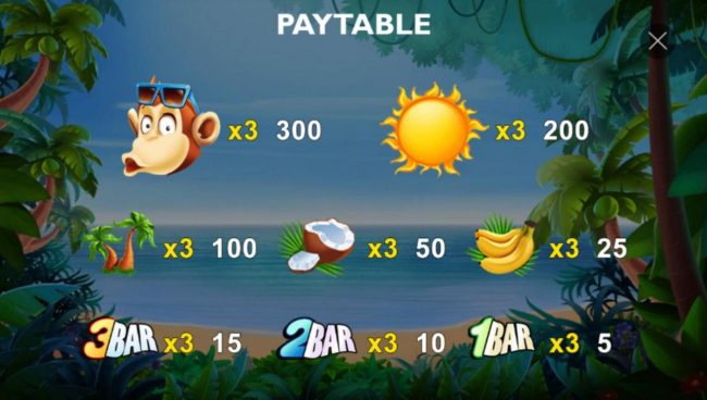 Slot game symbols paytable featuring tropical island inspired icons.