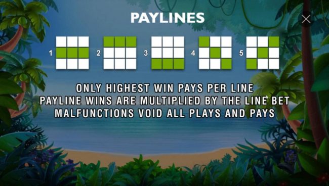 Payline Diagrams 1-5. Only the highest win pays per line. Win combinations pay left to right except scatter symbols which pay any. Payline wins are multiplied by line bet.