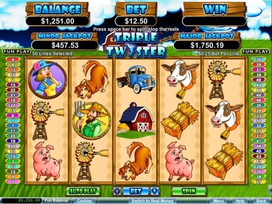 An animal farm themed main game board featuring five reels and 50 paylines with a $250,000 max payout