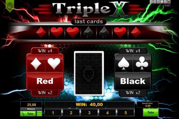 Gamble Feature - To gamble any win press Gamble then select Red or Black or Suit