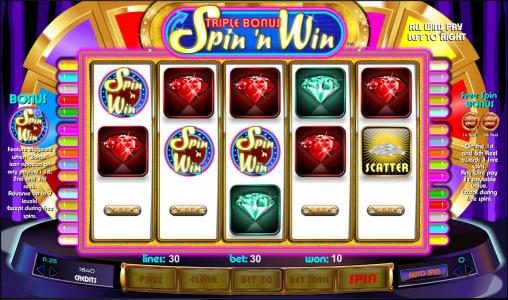 three spin 'n win symbols triggers bonus feature