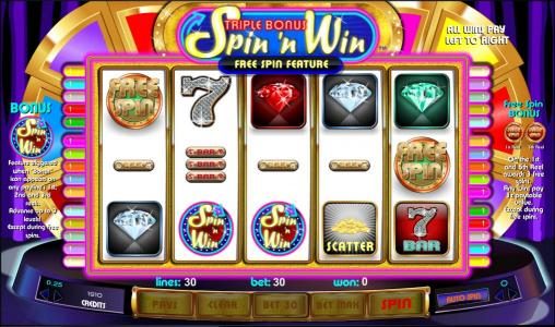 a free spin symbol on reels one and five triggers free spin bonus feature with an 3x multiplier