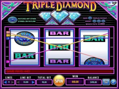 A triple diamond symbol adds a 3x multiplier to the winning paylines and a big win.