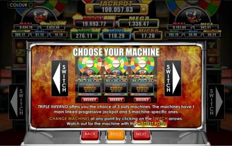 Triple Inferno offers you the choice of 3 slots machines. The machines have 1 main linked progressive jackpot and 5 machine specific ones