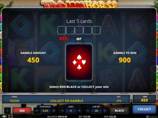 Gamble Feature - To gamble any win press Gamble then select Red or Black.