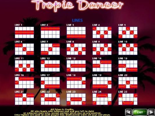 Payline Diagrams 1-25. All prizes in credits. All wins begin with leftmost reel and pay left to right on adjacent reels only, except scatters which pay on any position. Only highest win paid on each played line.