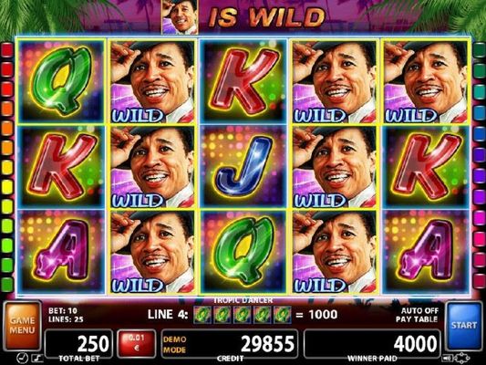 Stacked wilds on reels 2 and 4 trigger multiple winning paylines leading to a 4000 jackpot win.