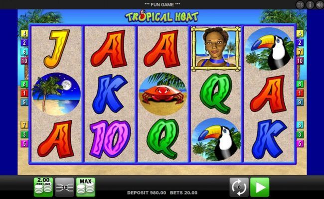 A tropical beach vacation themed main game board featuring five reels and 10 paylines with a $20,000 max payout.