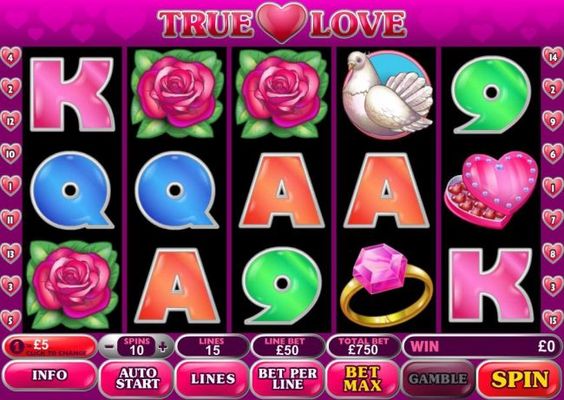 A love themed main game board featuring five reels and 15 paylines with a $500,000 max payout