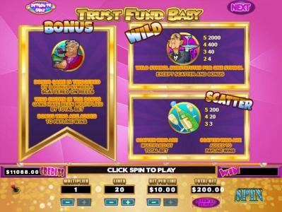 Bonus Game is triggered by 3 bonus symbols scattered on reels. Wild symbol substitutes for one symbol except scatter and bonus. Scatter, 3, 4 or 5 Champaigne symbols scattered on reels wins Free Spins.