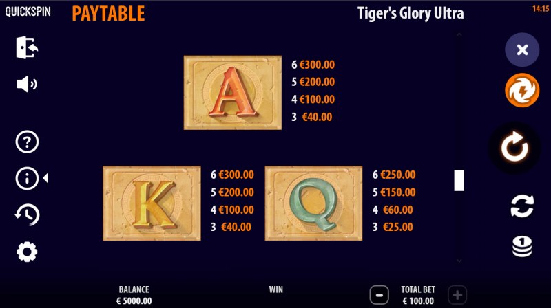 Tiger's Glory Ultra :: Paytable - Low Value Symbols