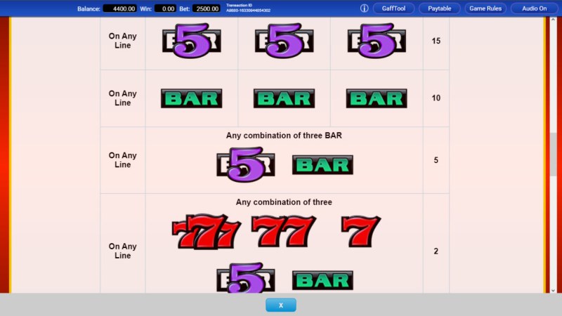 Paytable - Low Value Symbols