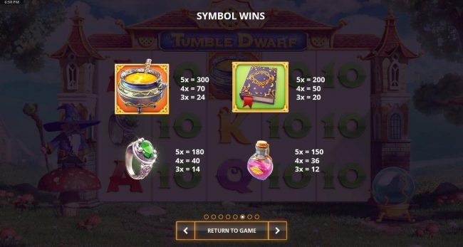 High value slot game symbols paytable featuring wizard themed icons.