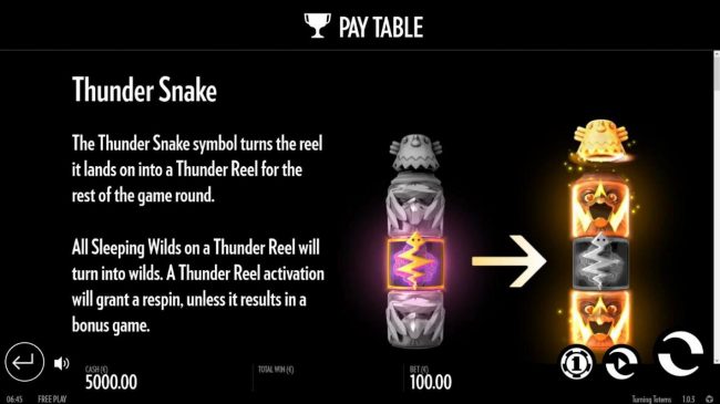 The Thunder Snake symbol turns the reel it lands on into a Thunder Reel for the rest of the game round.
