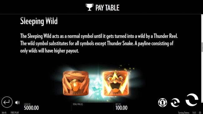 The Sleeping Wild acts as a notmal symbol until it gets turned into a wild by a Thunder Reel. The wild symbol sunstitutes for all symbols except Thunder Snake. A payline consisting of only wilds will have a higher payout.