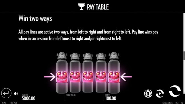 All pay lines are active two ways, from left to right and from right to left. Pay line wins pay when in succession from leftmost to right and/or rightmost to left.