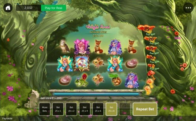 Main game board featuring three reels and 25 paylines with a $4,000 max payout. Featuring a fantasy fairy theme.