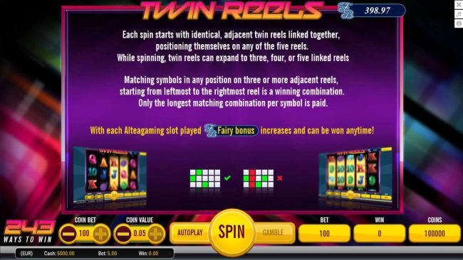 Each spin starts with identical, adjacent twin reels linked together, in any position and can expand to cover up to five reels