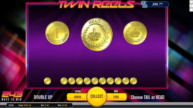 Gamble Feature - To gamble any win press Gamble then select Heads or Tails