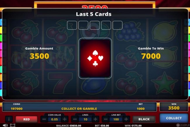 Gamble Feature - To gamble any win press Gamble then select Red or Black.