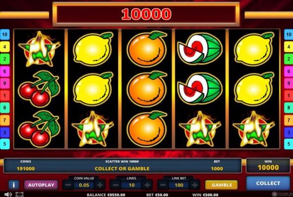 A winning combination of 4 scatter symbols triggers a 10000 coin super jackpot award.