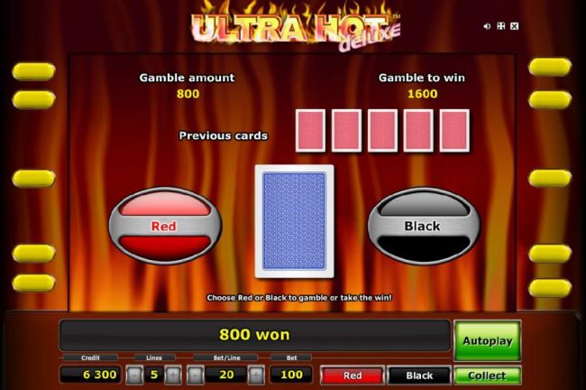 Gamble feature game board is available after every winning spin. For a chance to increase your winnings, select the correct color on the next card or take win.