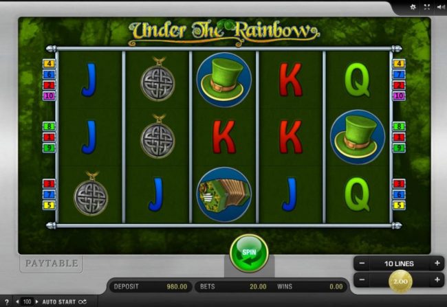 A leprechaun themed main game board featuring five reels and 10 paylines with a $4,000 max payout