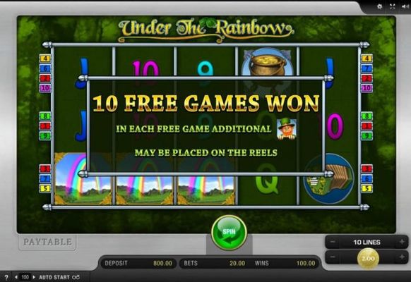 10 free games won! In each free game additional leprechaun wild symbols may be placed on the reels.