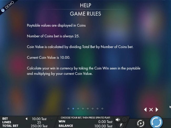 Paytable values are displayed in coins. Number of coins bet is always 25.