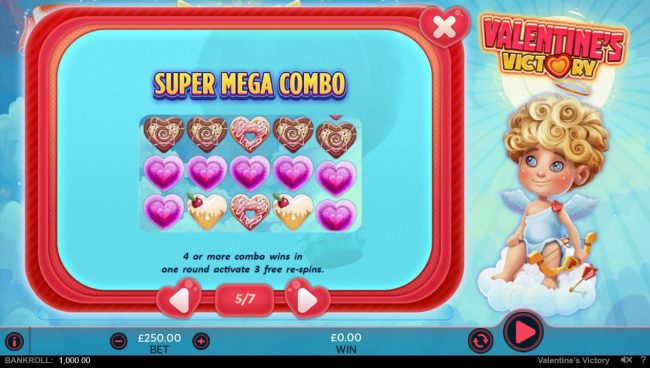 Super Mega Combo - 4 or more combo wins in one round activate 3 free re-spins.