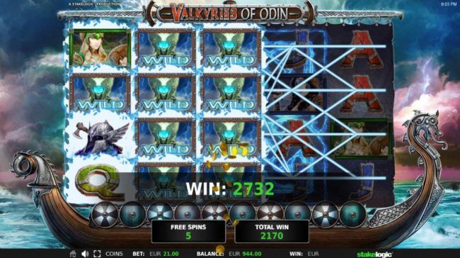 Stacked wilds triggers multiple winning symbol combinations leading to a 2732 coin jackpot