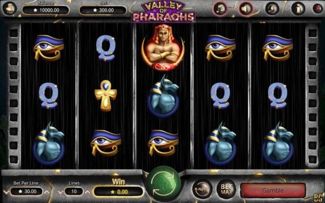 Main game board featuring five reels and 10 paylines with a $300,000 max payout.