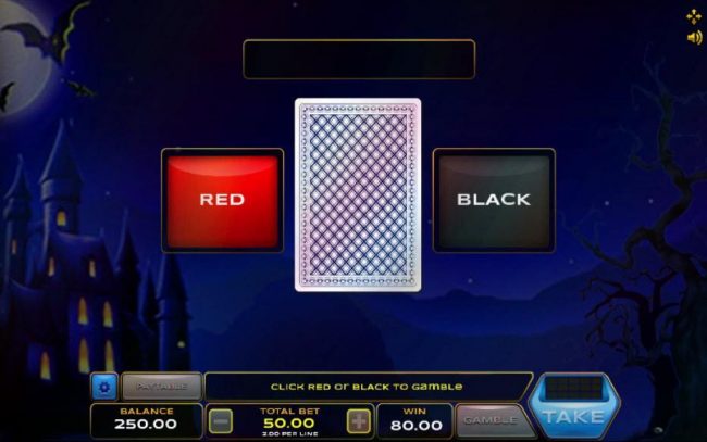 Gamble feature game board is available after every winning spin. For a chance to increase your winnings, select the correct color of the next card or take win.