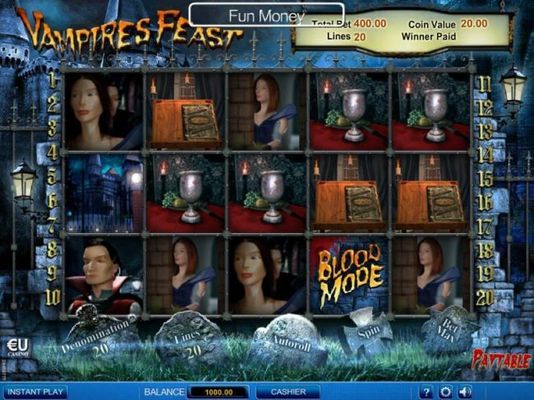 Main game board based on the Dracula vampire theme, featuring five reels and 20 paylines with a $100,000 max payout