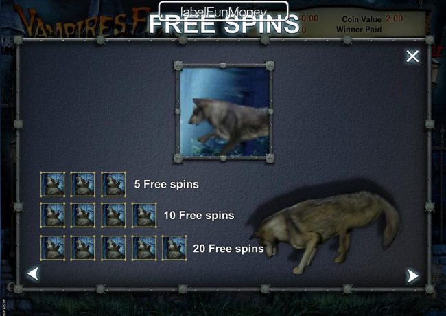 Three or more werewolf icons awards 5 to 20 free spins.