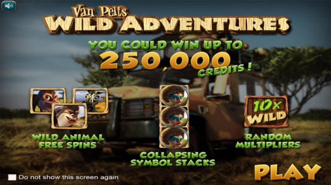 Game features include: Wild Animal Free Spins, Collapsing Symbol Stacks, Random Wild Multiplier and A chance to win up to 250,000 credits