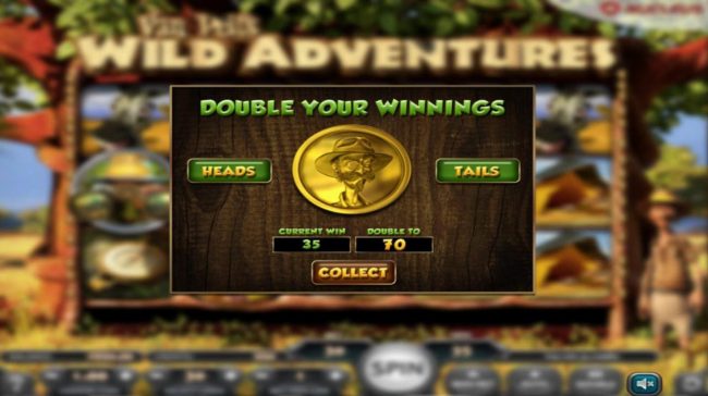 Double Up gamble feature is available after every winning spin. Select Heads or Tails for a chance to double your winnings.